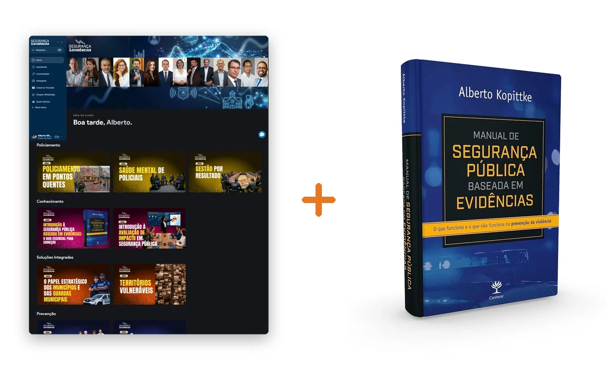 A área do aluno da plataforma Segurança & Evidências mais o livro impresso Manual de Segurança Pública Baseada em Evidências